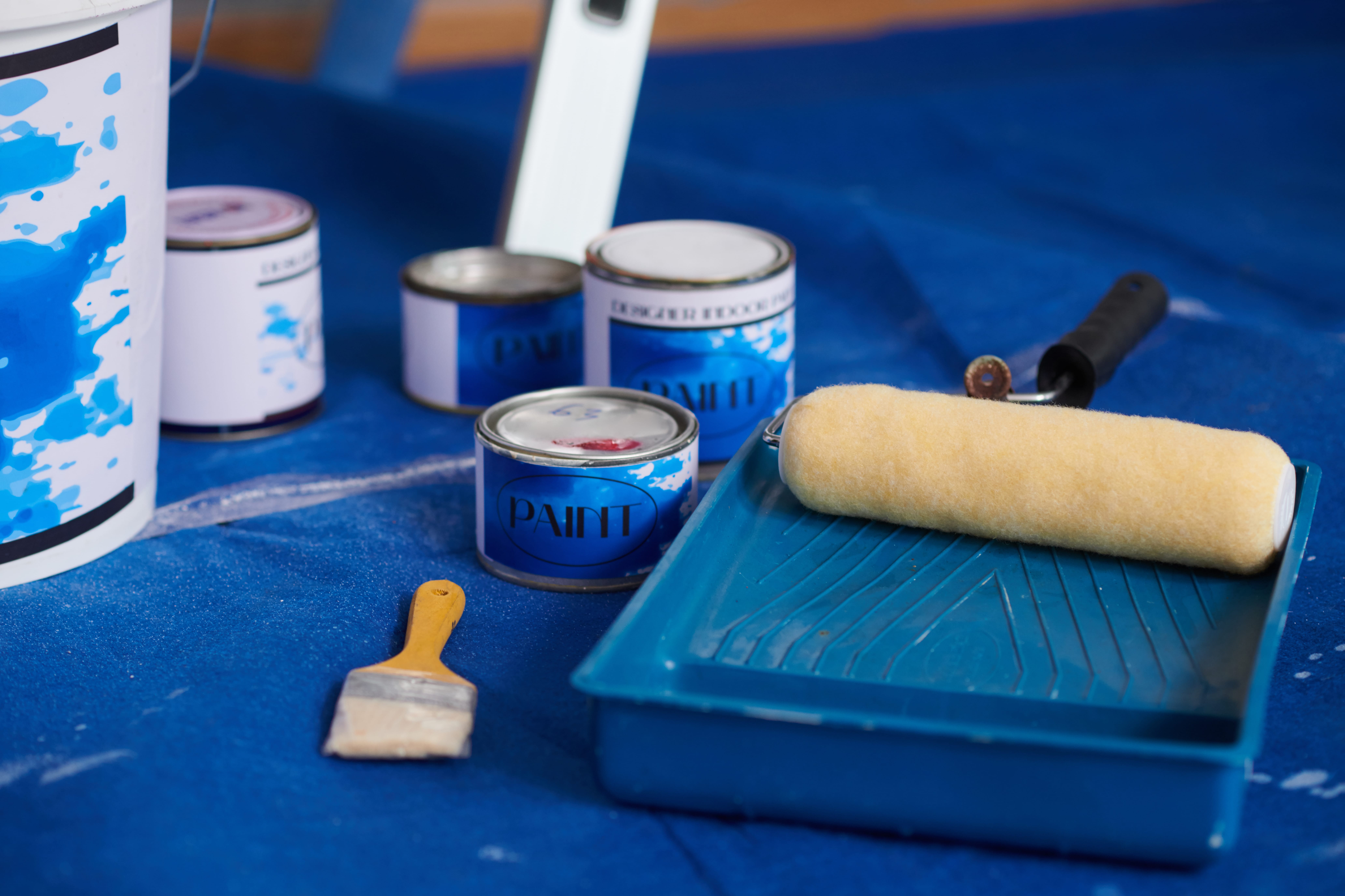 Paints 46 cans with blue paint brushes and rollers 2023 11 27 05 09 02 utc