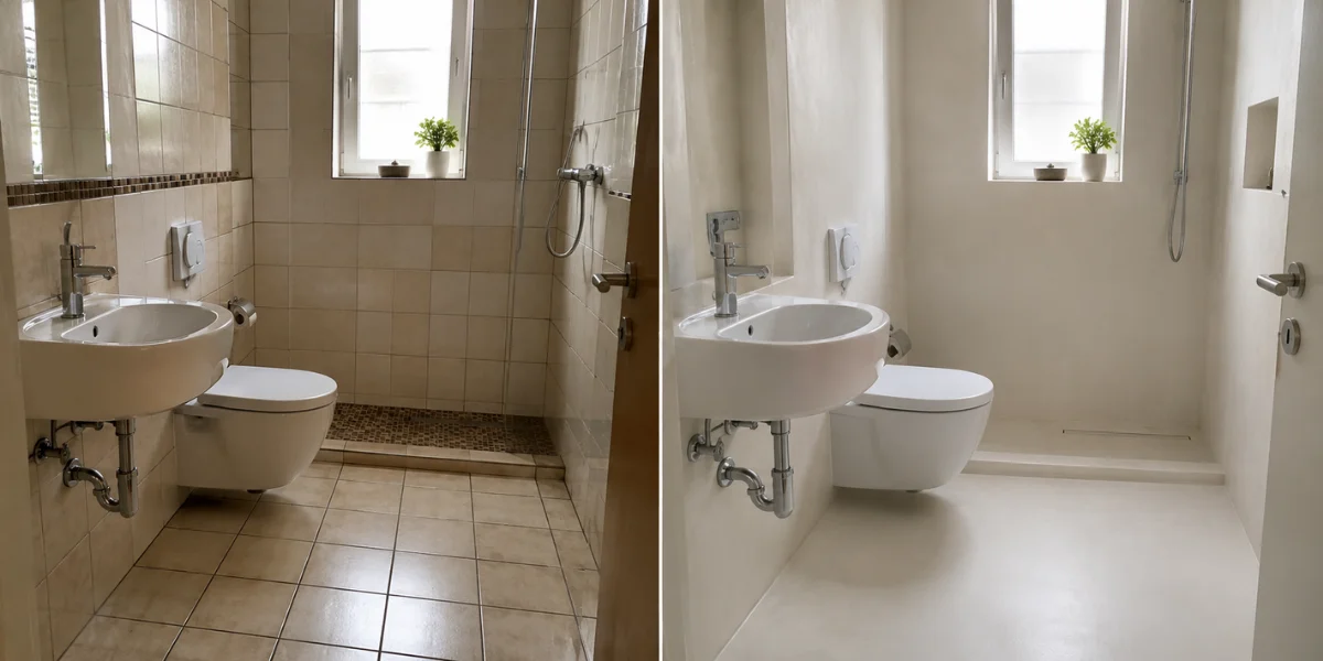 Before and after comparison of a Karachi apartment bathroom — left shows dark grouted tiles, right shows seamless white microcement with no grout lines