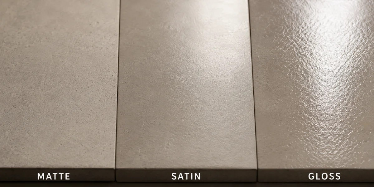 Close-up comparison of three microcement finish types — matte (left), satin (centre), and gloss (right) — showing how each reflects light differently