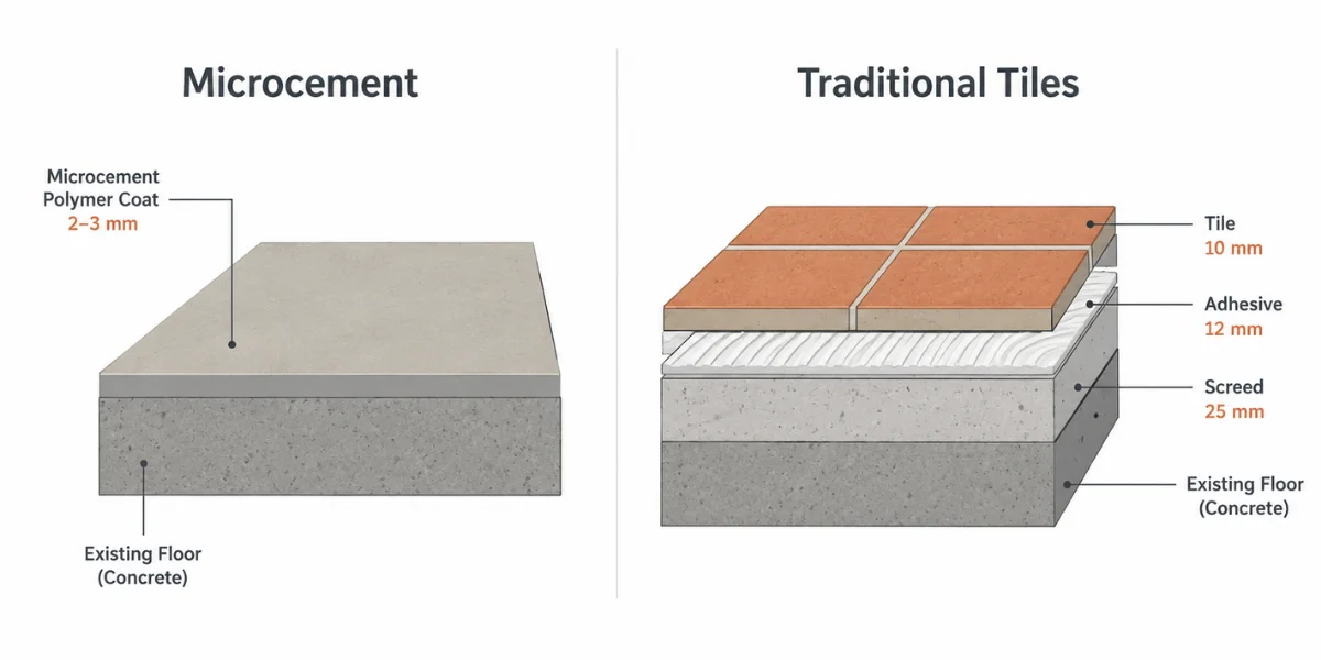 Side-by-side diagram comparing microcement 3mm layer over existing surface versus traditional tile installation with screed, adhesive, and tile layers totalling 40mm+