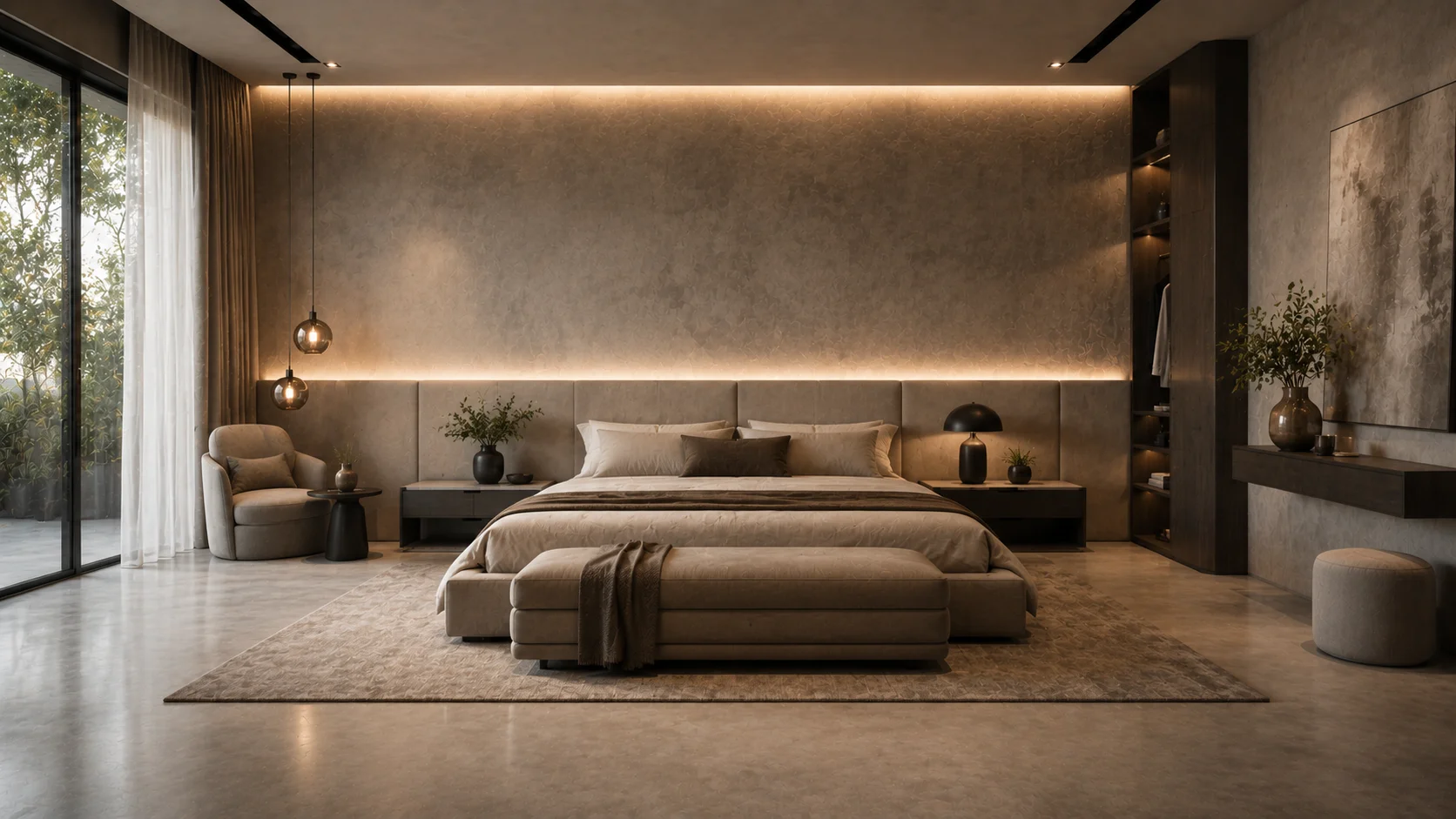 Modern office reception with a microcement feature wall