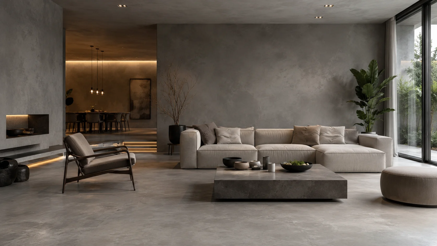 Restaurant and café interior finished in warm microcement
