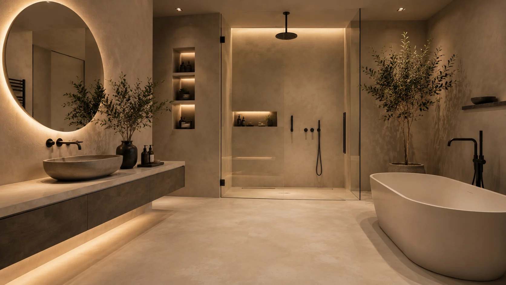 Waterproof microcement bathroom with seamless walls and floor