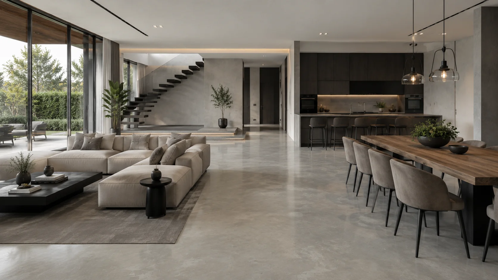 Microcement staircase with seamless treads and risers