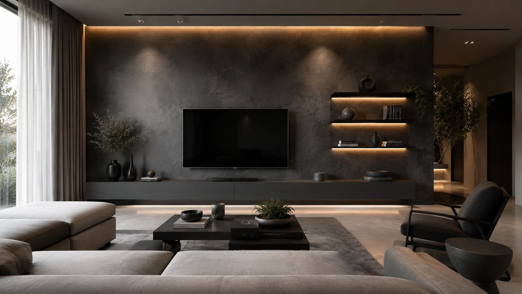 Microcement TV feature wall with an integrated media unit